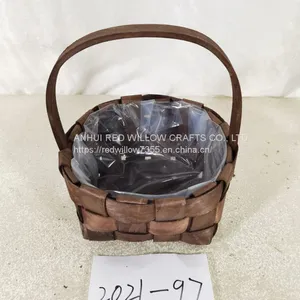 Natural Woodchip Wooden Decorative Storage Basket With Handle thumbnail-1