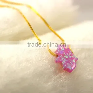 Synthetic 8*10mm Bubble Gum Opal Hamsa Shape 18K Plated Chain 925 Sterling Silver Necklace thumbnail-4
