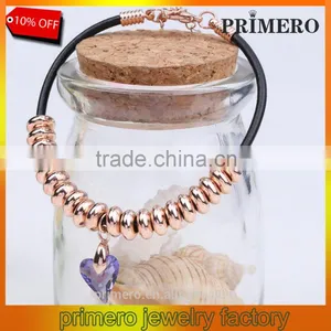 Fashion Austrian Crystal Plated Bracelets Leather Rope Heart Love Beads Bangles Jewelry thumbnail-1