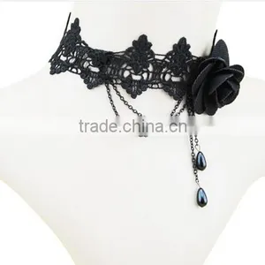 Women 2016 Gothic Handmade Chain Black Flower Lace Choker Collar Chunky Necklace thumbnail-4