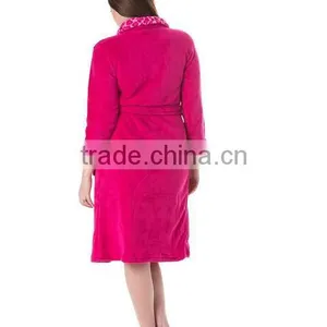 Women's Print Collar Solid Plush Robe--Pink thumbnail-2