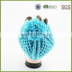 Blue Color Custom Knitted Pom Beanie Hat With Fur thumbnail-3