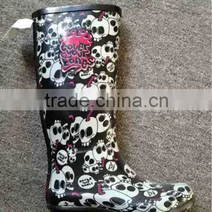 Skull Print Cool Ladies Hot Sales Cheap Fancy Rubber Rain Boots thumbnail-1