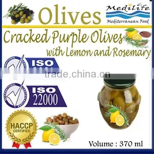 Cracked Purple Olives With Lemon and Rosemary,High Quality 100% Tunisian Table Olives. Cracked Olives 370 ml Glass Jar thumbnail-1