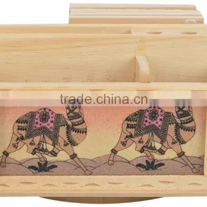 Rich Art And Craft Jaipur Rajasthan Wooden Handicraft Handmade Office Set of Pen Stand Tea Coaster thumbnail-1