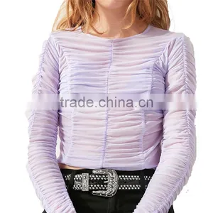 2017 OEM Sheer Minimal-femme Long Sleeves Ruched Fancy Blouse thumbnail-6