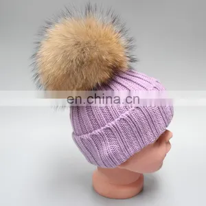 Natural Fur Pompom Hat For Man And Women And Children With Raccoon Ball thumbnail-1