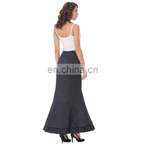 Belle Poque Women Vintage Retro Victorian Style Ruffled Jacquard Fishtail Mermaid Black Long Maxi Skirt BP000204-1 thumbnail-4