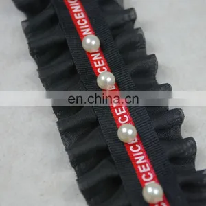 Black Color Beaded Chiffon Ruffle Pearl Trim in 2.5cm thumbnail-6