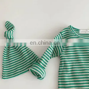 Baby Romper With Hat Set Ribbed Stripe Newborn Baby Bodysuit thumbnail-2