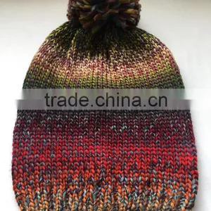 Space Dye Chunky Roving Yarn Girls Knitted Beanie Hat With Big Pompon thumbnail-1