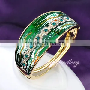 New Design Green Color Enamel Crystal 18k Gold Bangle Saudi Arabia Jewelry thumbnail-2