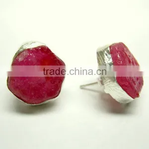 Ruby Raw Gemstone 925 Sterling Silver Earring Stud Jewelry, Rough Gemstone Stud Earrings thumbnail-1
