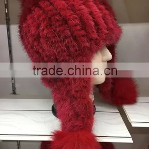 Korea Style Fashion Women Mult Color Kintted Mink Fur Hat With Pompoms thumbnail-1