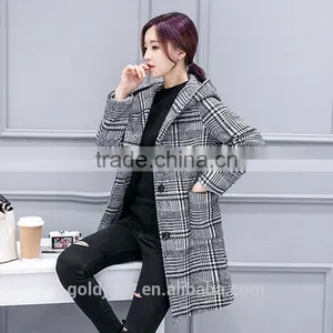 2016 Winter Ladies Black Long Plaid Wool Coat for Women and Ladies thumbnail-3