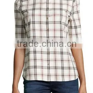 Half Sleeves Plaid Cutoff-Sleeve Check Shirt for Ladies thumbnail-1