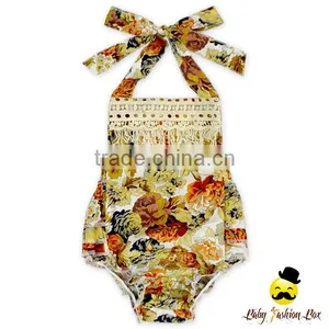White And Blue Little Flower Printed Halter Fringe Model Design Infant Newborn Clothes Baby Girl Floral Ruffle Romper Vintage thumbnail-4