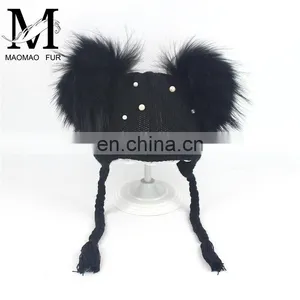 Wholesale Double Raccoon Fur Poms Cap Kids Hat With Fur Pom Pom thumbnail-5