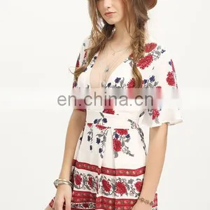 Japanese Girl, Lady Dress, Multicolor Print Half Sleeve Deep V Neck Jumpsuit thumbnail-5