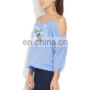 OEM Manufacturer Latest Designed Off Shoulder Embroidered & Sequence Work Elegant Indian Fashion Women Tunic Blouse/Blusas Dress thumbnail-2