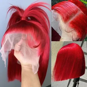Hot Red Colored HD Transparent Short Bob Human Hair Wigs Peruvian Red Straight 13x4 Lace Front Wig For Women PrePlucked Glueless thumbnail-1