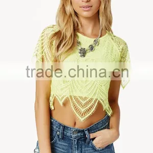 Fancy Ladies Tops Latest Design 2015 Wholesale Neon Lemon Lace Crop Tops for Women thumbnail-2