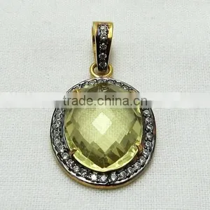 Vintage Lemon Quartz & CZ 925 Sterling Silver Pendant, Gemstone Silver Jewelry, Handmade Silver Jewelry thumbnail-2