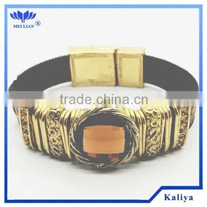 2014Skinny Brown Leather Gold-Tone and Rhinestone Triple Wrap Bracelet thumbnail-1