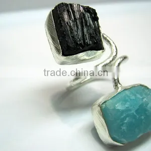 Amazonite and Black Tourmaline Raw Gemstone 925 Sterling Silver Ring thumbnail-3