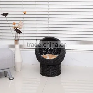 Pawhut Black/Beige 21" Hooded Rattan Wicker Elevated Cat Bed thumbnail-1