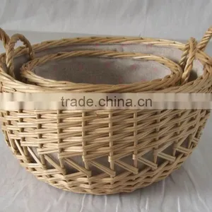 Large Round Willow Storage Basket With Lining and Two Ears thumbnail-1