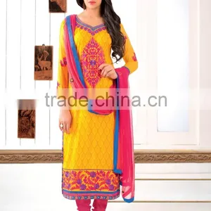 Cotton Jacquard ReadyMade Suits( Designer Yellow Top Plain Pink Bottom+ Designer Dupatta ) thumbnail-1
