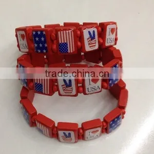 USA Nation Flag Logo Beads Wood Bracelets Jewelry Custom Stretch Wooden Bead Bracelets for Promotion Gifts thumbnail-1