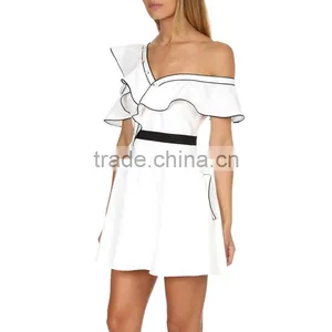 Asymmetrical Ruffle One Shoulder Contrast Pipping Short Dress thumbnail-2