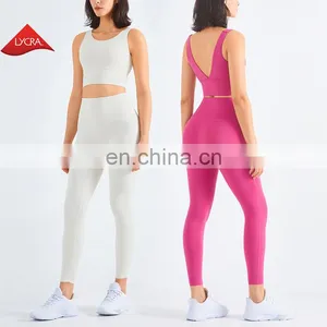 Custom Deep V Back Bra Match Crotchless Leggings 2pcs Yoga Suit Set Women Sports Gym Tracksuit Ladies Gym Fitness Sets thumbnail-1