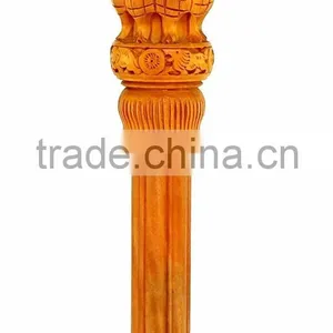 Handicrafts Wooden Ashok Ashoka Stambh Stoop Pillar National Emblem India Wood Carving Statue thumbnail-1