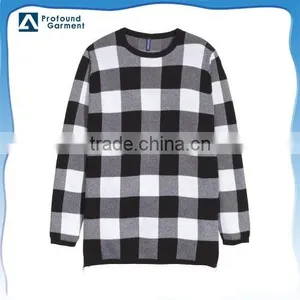 Oem Fashion Design Men O-neck Fleece Longline Plaid Long Sleeve Sweater thumbnail-1