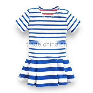 2017 New Style Baby Clothes Cheap Wholesale Children's Boutique Short Sleeve Blue Summer Children's Stripe Dress thumbnail-1
