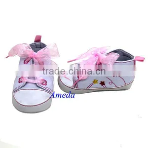 Baby Girls White Denim Pink Ribbon Flower Crib Shoes Sneaker Booties 0-6M thumbnail-1