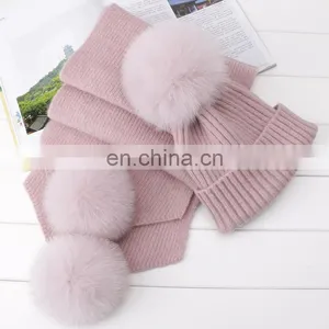 Winter Wool Knitted Beanies Scarf Fox Fur Pompom Knitted Hat Wool thumbnail-3