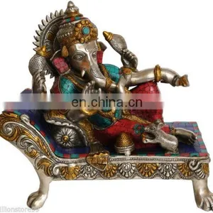 Indian Hindu GOD Ganesha Relax On Bed Stone Work 13" Brass Silver Hue Statue Hindu Art 12.2KG ELEPHANT Lord Ganesha Statue Decor thumbnail-1