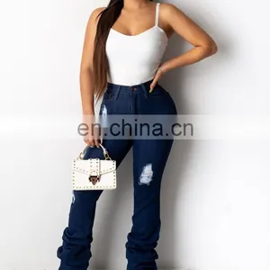 Winter Female Stacked Denim Pants Women Retro Pleated Hole Jeans Straight Trousers Fashion Casual Hole Solid Night Club Pants thumbnail-3