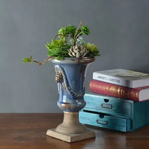 Hand Made Blue Cream Retro European Countryside Ceramic Flower Vase For Succulent thumbnail-2