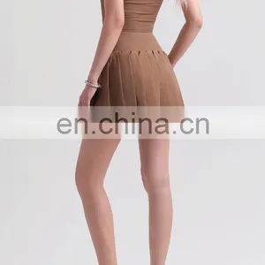 New Ribbed Crop Top Match Mini Pleated Skirt Sports Tennis Set Dance Running Tracksuit For Women Gym Fitness Wear Suit thumbnail-4