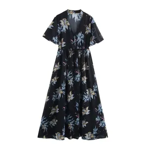 2025 Spring New European and American Style Women's V-neck Bubble Sleeve Printed Short Sleeved Dress thumbnail-3