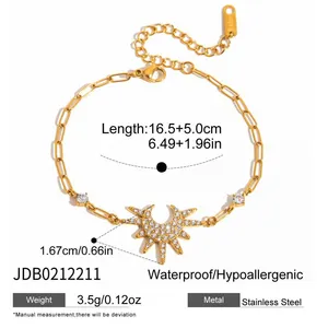 Gold Plated Layered Chain Bracelet for Women Sun Moon Charm Stainless Steel Bracelet Waterproof Adjustable Jewelry Wholesale thumbnail-3