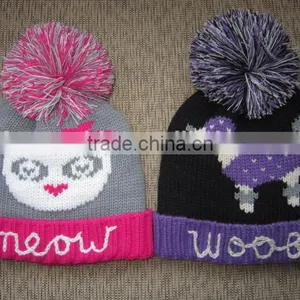 Custom Winter Knitted Jacquard Beanie Hat in Cute Cartoon Pattern With Big Pom and Hand Crochet Decoration for Girls and Ladies thumbnail-1