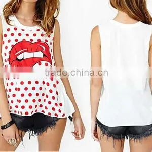Instyles Sexy Chiffon Women Polka Dot Tops Hippie Big Red Lip Printing Dot Camisole Sleeveless Blouse Boutique Clothing thumbnail-1