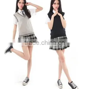 Girls Vest Sweater Uniforms Student School Uniform V-neck Cotton Vest Short/Long Sleeve Shirt Plaid Skirt thumbnail-4