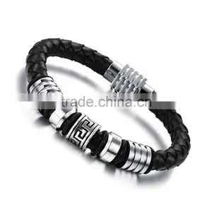 Mens Genuine Leather Bracelet With Magnetic Clasp Stainless Steel Beads thumbnail-1